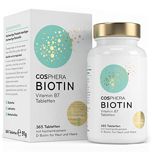 Biotine tabletten - hoge dosis met 10.000 mcg D-biotine per tablet - 365 veganistische tabletten in 1 jaar voorraad - voor mooi haar en huid - vitamine B7 draagt bij aan het behoud van normale huid en haar