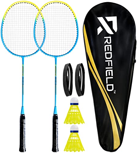 Redfield Badmintonset, 2 badmintonrackets, 2 shuttles, draagtas, 2 vooraf geïnstalleerde handgrepen, shuttleset voor 2 spelers, badmintonrackets, set voor sport en entertainment