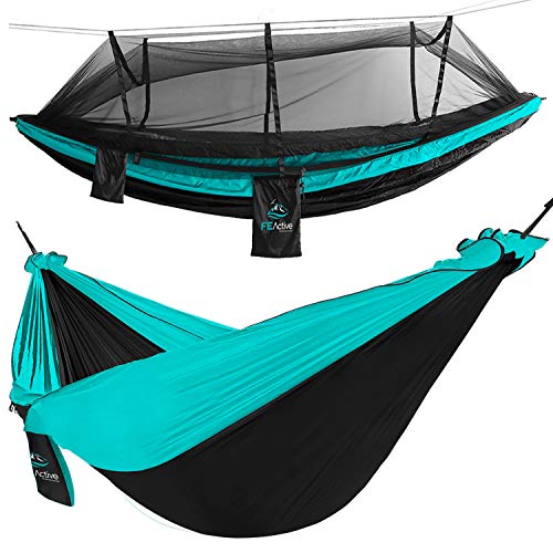 FE Active Camping hangmat van lichtgewicht dubbel nylon met muggennet voor outdoor avonturen, tenten, rugzakvakantie, wandelen, fietstochten, reizen, ontworpen in Californië, USA