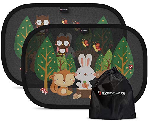 Systemoto Zonwering auto baby met gecertificeerde uv-bescherming (set van 2) - autoruiten zonwering voor kinderen met schattige diermotieven (bosdieren)