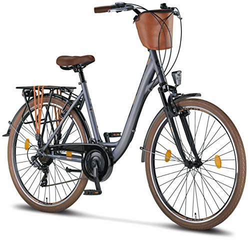 Licorne Bike Premium City Bike in 24,26 en 28 inch - fiets voor meisjes, jongens, heren en dames - 21 versnellingen - Nederlandse fiets - Violetta - antraciet