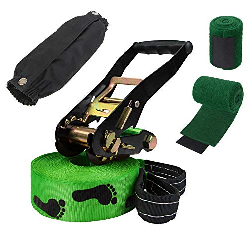 ALPIDEX Slackline Set 15 m + boombescherming en ratelbescherming, Kleur:Voetstappen op blote voeten. groen