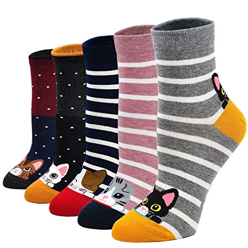 Katoenen Sokken Dames Fantasie Kleuren Leuke Sokken, Vrolijke Gekleurde Sokken Dames Kerst Sokken met Dieren Motief, 5 paar
