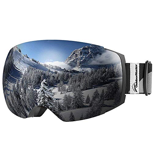 OutdoorMaster skibril PRO - frameloze, verwisselbare lens 100% UV400 bescherming skisnowboardbril voor heren, dames en jeugd (Zwart, VLT10% grijs)