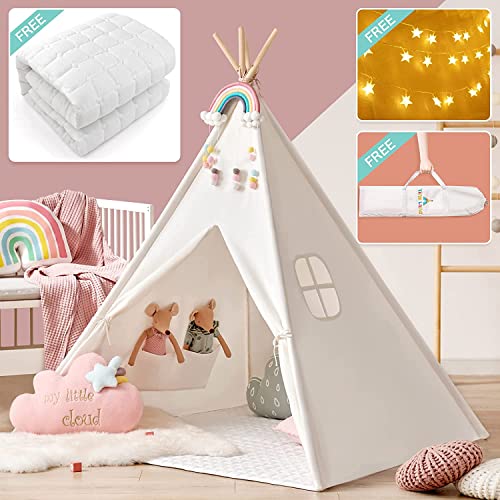 Tiny Land Tipi speeltent voor kinderen met gevoerde deken & lichtketting & opbergtas katoen canvas kindertent (wit 165 cm hoog) speelhuis kinderen