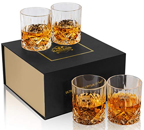 KANARS Whisky Glazen, Loodvrij Kristal Whiskyglas, 300 ml, Unieke Stijlvolle Geschenkdoos, Set van 4 Stuks