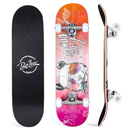 BELEEV Skateboard 31 x 8 inch compleet Cruiser skateboard voor kinderen, jongeren en volwassenen, 7 lagen Canadese esdoorn Double Kick Deck concave met all-in-one skate T-tool voor beginners (panda)