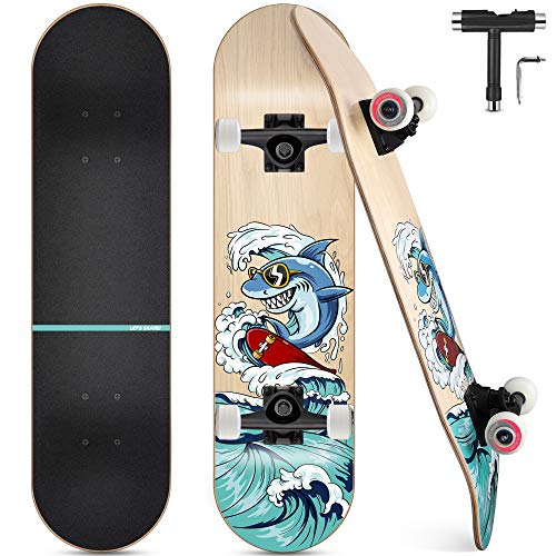 Funxim Complete Skateboard, 7-Layer Maple Wood Deck Double Kick Standard Skateboards with All-in-One Skate Tool, for Kids, Teens, Adult, Beginner (31 x 8 Inch) (Haai)