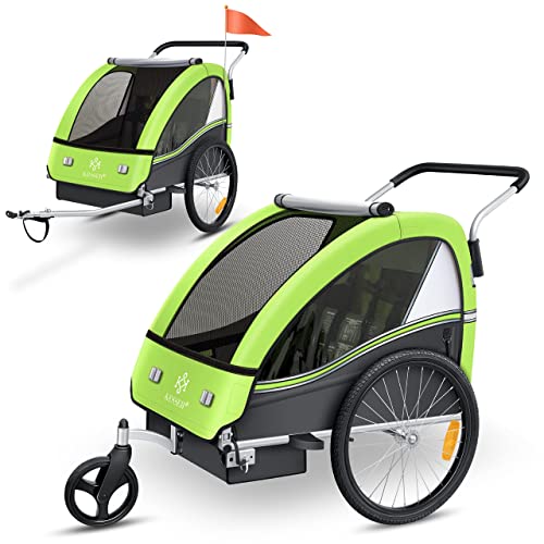 KESSER® Sport-RX 2-in-1 Kinderaanhanger, wandelfunctie, fietsaanhanger voor kinderen + 5-punts veiligheidsgordel, 360 graden draaibaar voorwiel, jogger, buggy, fietsaanhanger voor 1 tot 2 kinderen, max. 40 kg, lichtgroen