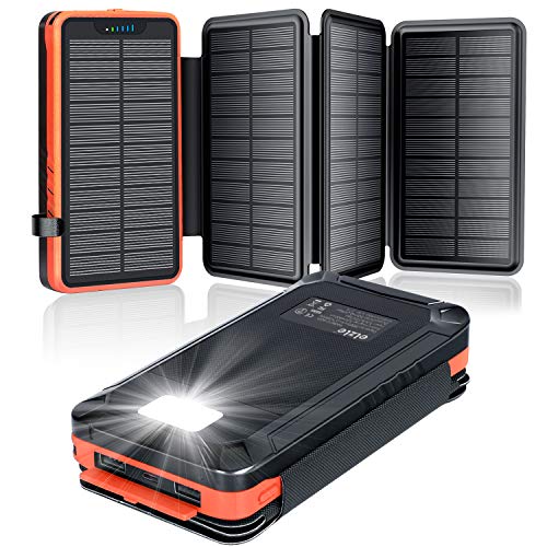 Elzle Powerbank op zonne-energie, 26.800 mAh, oplader op zonne-energie, met 2 USB-uitgangen en 1 USB-ingangspoort, waterdichte externe accu met 4 zonnepanelen en zaklamp voor smartphones, tablets en kamperen