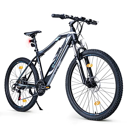 BLUEWHEEL e-bike 27,5“ & 29“ I Duits kwaliteitsmerk | EU-conform E-mountainbike 21 versnellingen & achterwielmotor voor 25 km/h | Fiets met MTB verende voorvork, app, LED Licht & sportzadel BXB75 e-bike (zwart, 29)