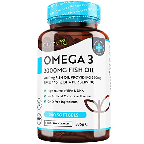 Omega 3 Visolie 2000mg met 660mg EPA & 440mg DHA per Portie - 240 Capsules met Hoge Dosis Pure Visolie - DHA en EPA voor normaal functioneren van het hart - Gemaakt in het V.K. door Nutravita