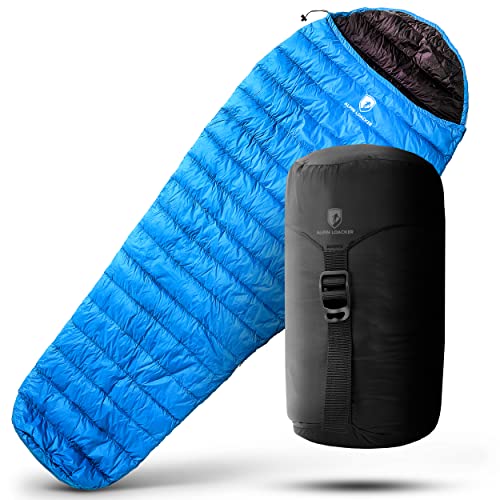 Alpin Loacker Slaapzak, 460 g, lichte zomerslaapzak, de premium donsslaapzak, ultralicht, met kleine pakmaat voor wandelen en kamperen,Blauw