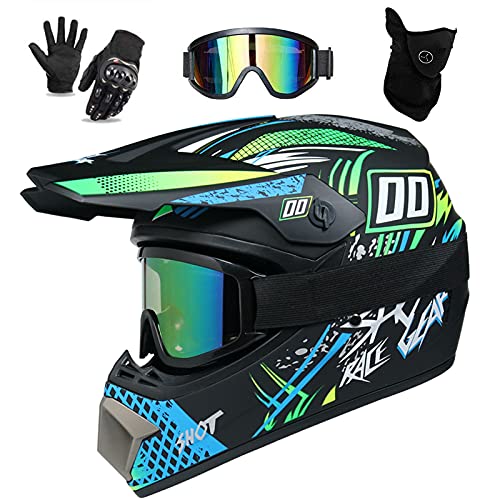 UIGJIOG Motorcrosshelm Voor Kinderen, Jeugd Volwassen Crossmotor Full Face Motorhelm Set Voor Jongens Meisjes Quad Bikes BMX Fiets MTB ATV Offroad DH-Helm Met Lijnontwerp,A