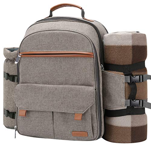 Sunflora Picknick rugzak set 4 personen met geïsoleerde koeling en deken, picknickmand 4 personen voor camping outdoor (beige)