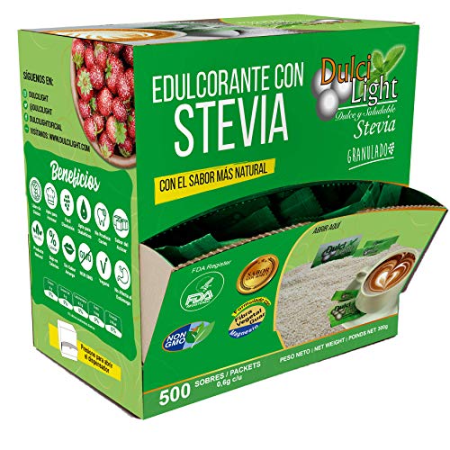 Stevia Zoetstof Granulaat 500 Zakjes 100% Natuurlijk 0% Calorieën DulciLight | Suikervervanger | 1 Zakje = 2 Theelepels Suiker | Ideale keuze voor een gezonder leven