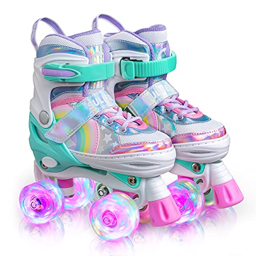 Sulifeel Rainbow Unicorn Rolschaatsen, verstelbaar, speciale led-wielen, quad inline skates, plezier voor kinderen, vrouwen en draad, klein (28-31EU)