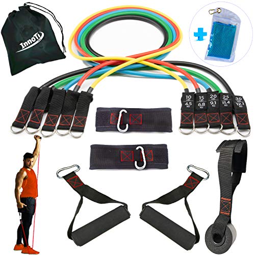 InnoTi Elastische Weerstandsbanden voor Bodybuilding en Fitness - Oefenbanden voor Homegym - Latex Weerstandsbuisen Set - Gewatteerde Enkelbanden en Handgrepen en Deuranker