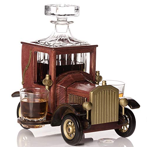 Whisky Karaf Set met glazen en ouderwetse vintage autostandaard - Bourbon karaf set met glazen voor sterke drank, wodka - whiskygeschenken voor heren - likeurkaraf - Home Bar accessoires