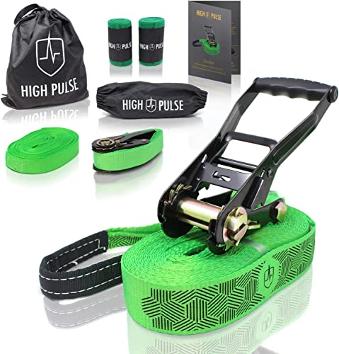 High Pulse Slackline 9-delige set inclusief poster met instructies en balanceerhulp | 15 m - Complete slackline set (12,5 m band + 2,5 m ratelband) met ratel, ratelbeschermer, hulplijn, balanceerhulp, boombeschermer en transportzakje