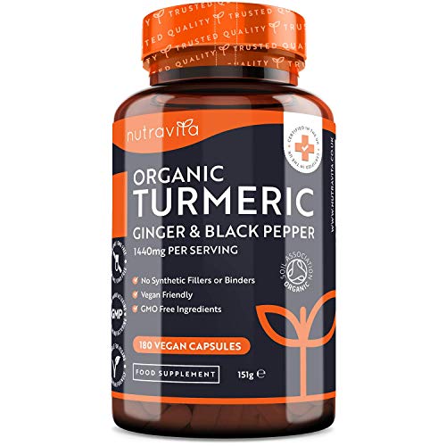 Bio Kurkuma Capsules (met Curcumine) 1440 mg met Zwarte Peper en Gember - 180 Vegan Kurkuma Capsules met Hoge Dosering (3 Maanden Voorraad) - Gemaakt in het Verenigd Koninkrijk door Nutravita