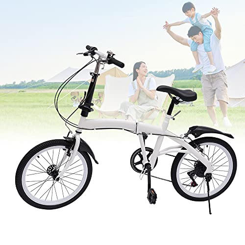 Vouwfiets voor volwassenen, 20 inch, 7 versnellingen, fiets, vouwfiets, dubbele V-rem, koolstofstaal, voor volwassenen, in hoogte verstelbaar, witte fiets voor en achter met spatborden