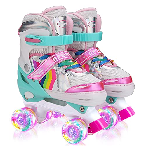 Sumeber Verstelbare rolschaatsen voor kinderen, met lichtgevende wielen, comfortabele en ademende quad skates voor meisjes roze (S(30-34)