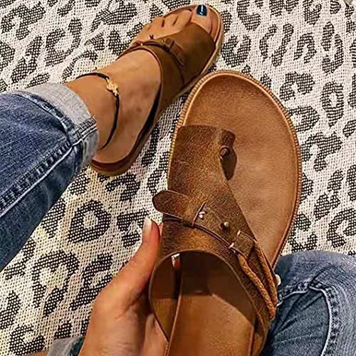 Vrouwen Zomer Orthopedische Sandalen Vrouwen Orthopedische Correctie Lederen Ring Teen Casual Bunion Slippers Platte Hak Flip Flops Bruin-9